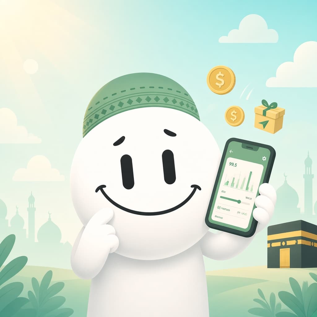 Namaz Buddy mascot estimating zakat with a calculator on a phone