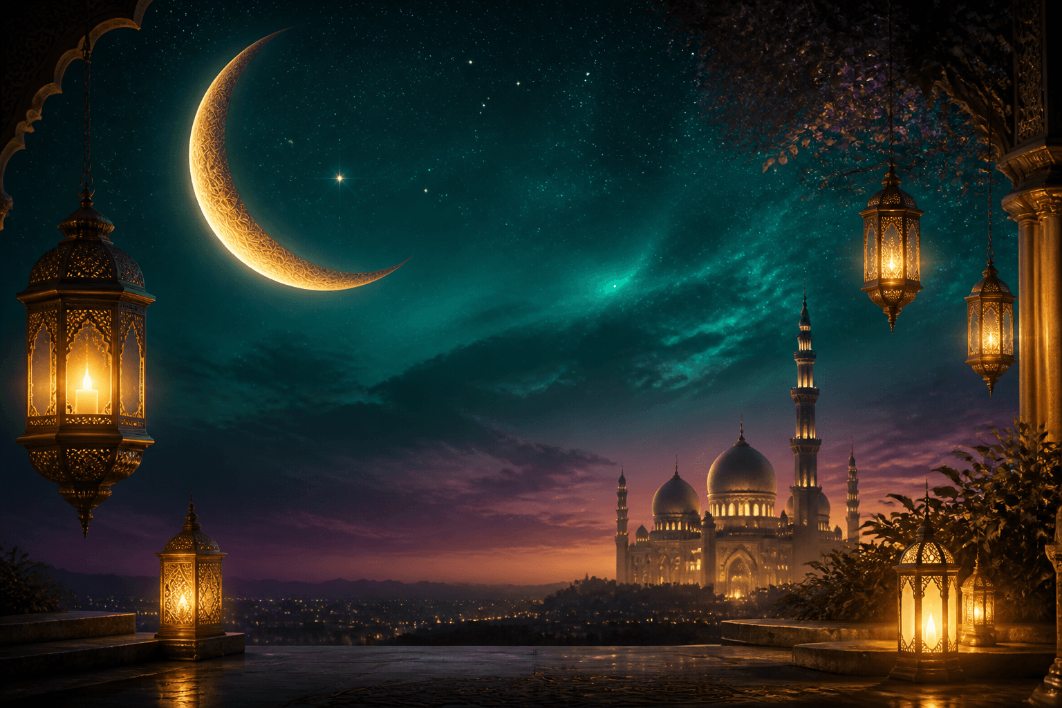 Ramadan 2027 crescent moon, Ramadan lanterns and mosque silhouette — fasting calendar guide