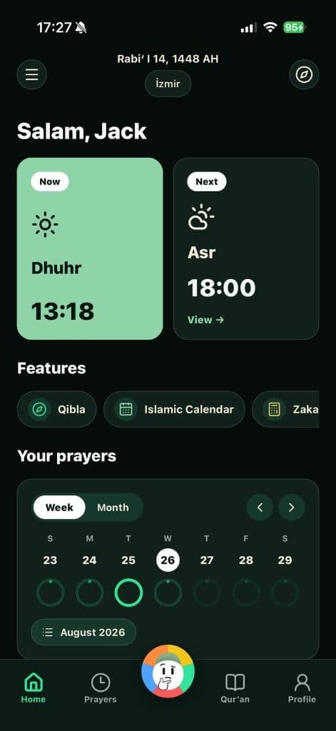 Namaz Buddy home screen with prayer times and features