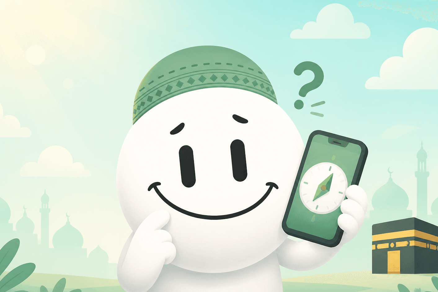 Namaz Buddy mascot finding Qibla with a phone compass toward the Kaaba