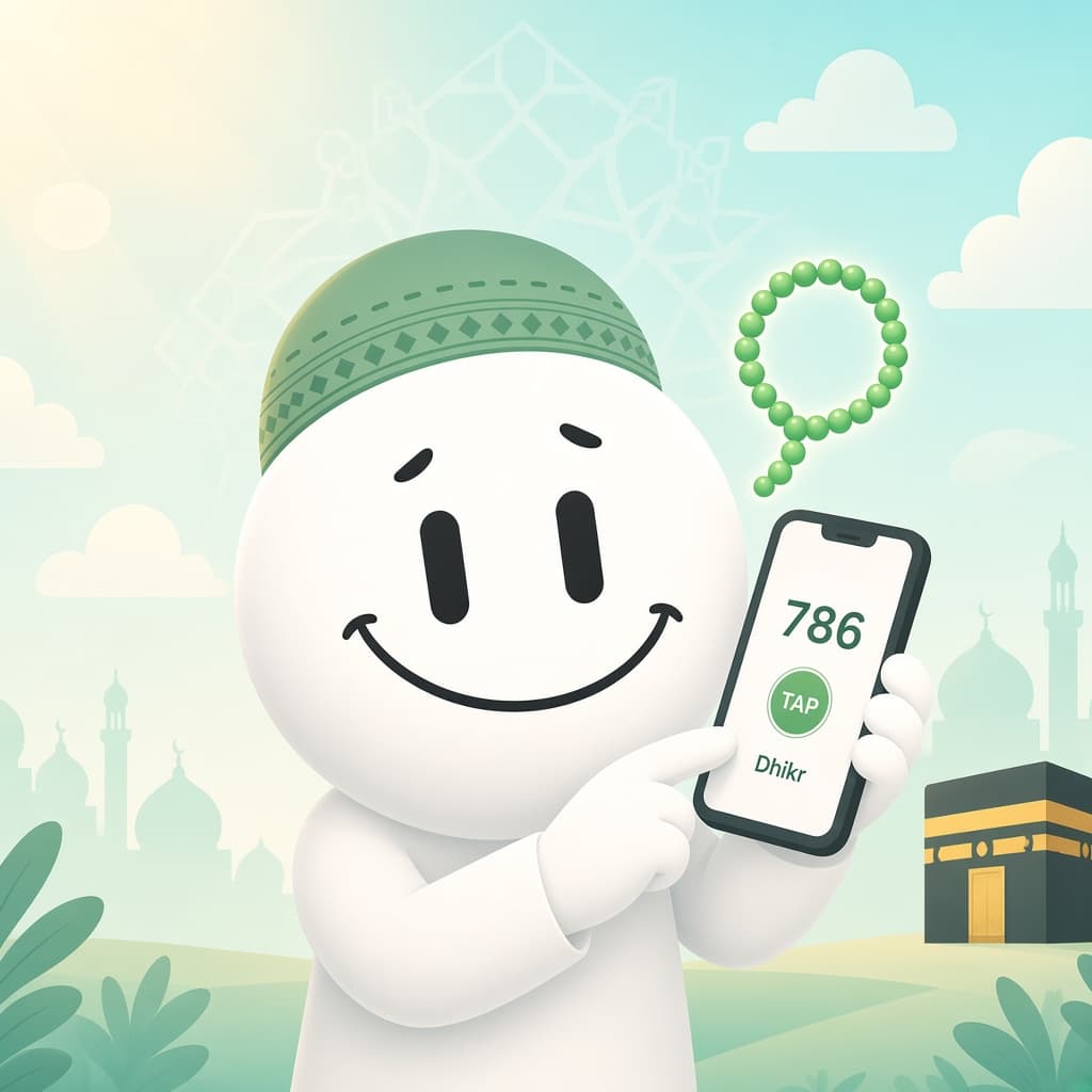Namaz Buddy mascot counting dhikr on a digital tasbih counter