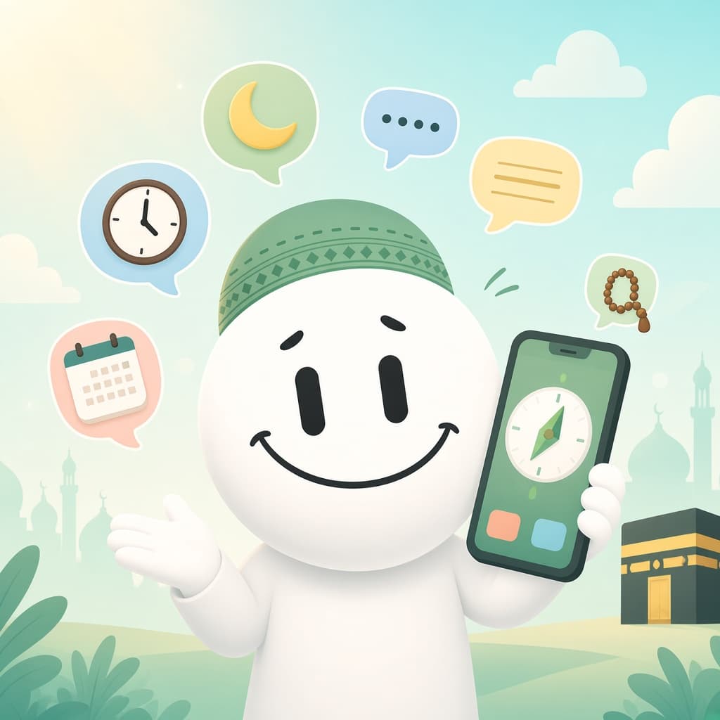 Namaz Buddy mascot presenting home screen widgets for prayer, Hijri date and dhikr