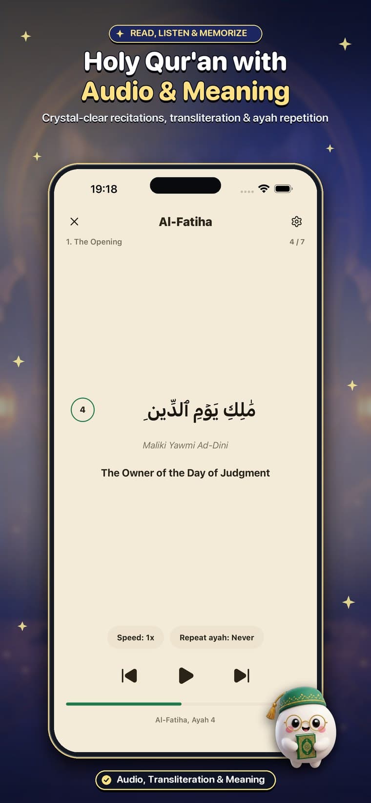 Der Heilige Koran mit Audio-Rezitation, Transkription & Bedeutung